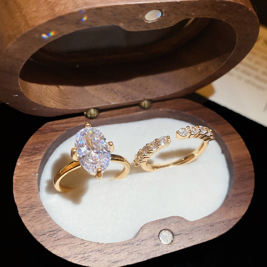 Anello aperto geometrico ovale minimalista di lusso con intarsio in zircone da donna, fascia versatile e alla moda per l'indice