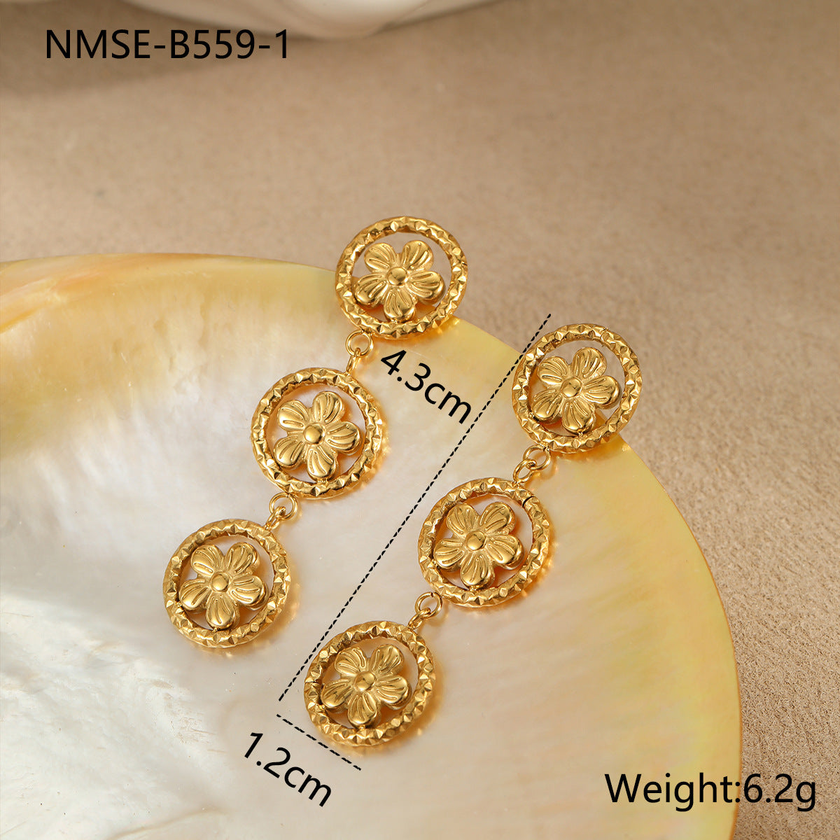 Pendientes largos de acero inoxidable con diseño geométrico y flor, chapados en oro de 18 quilates para mujer