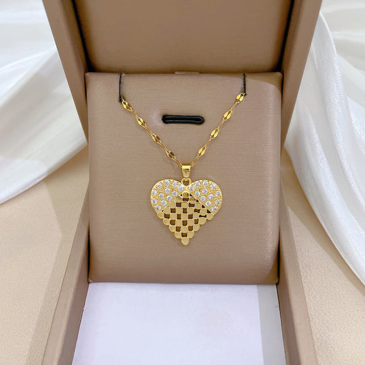 Elegant Hollow Heart Stainless Steel Necklace for Women with Moon Motif, Delicate Clavicle Chain