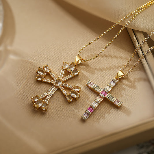 Minimalist Cross Pendant Necklace for Women with Copper Base Plated in 18K Gold and Zircon Inlay