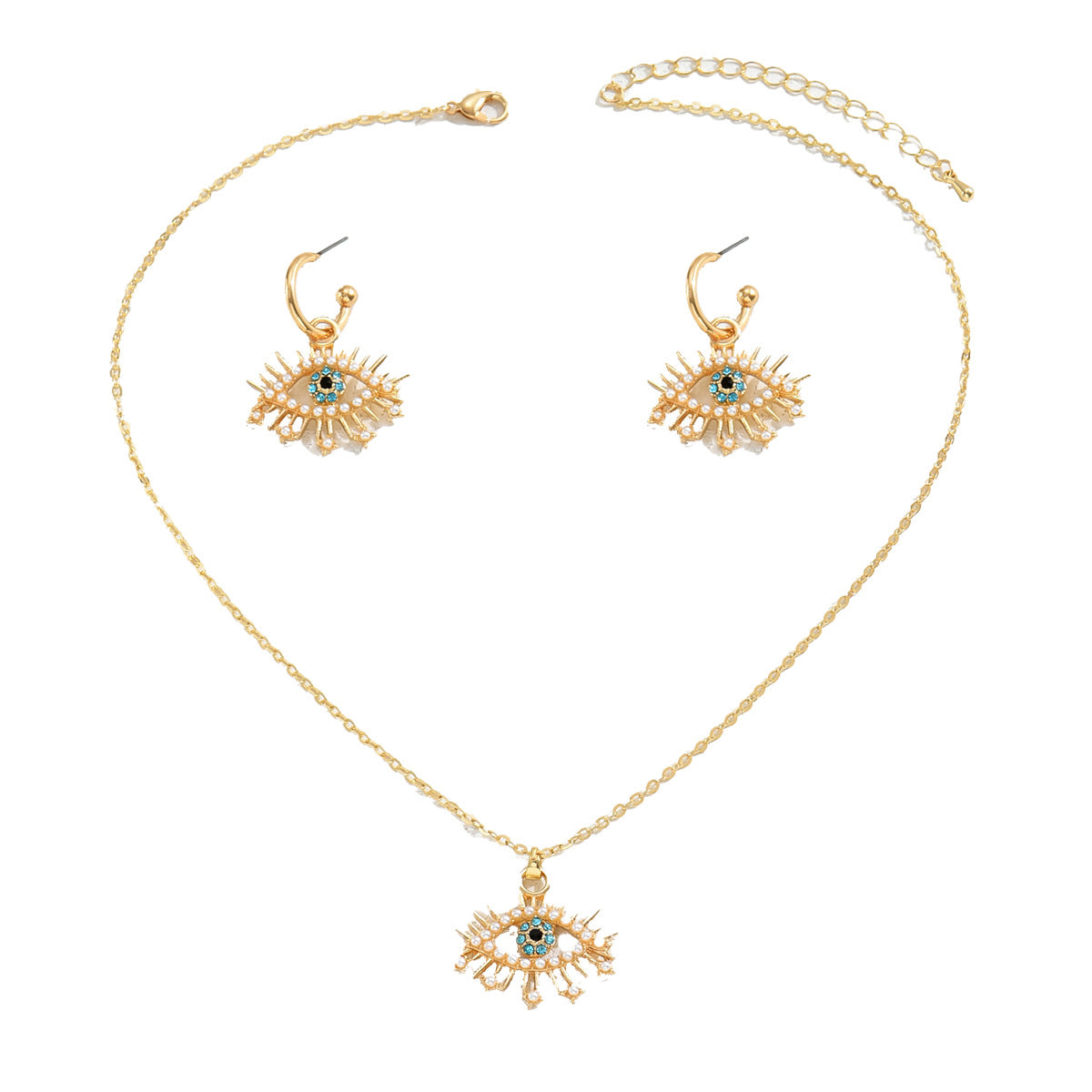 Conjunto de collar con colgante minimalista de ojo de ángel con incrustaciones de pedrería en aleación para mujer, cadena larga de clavícula y pendientes a juego
