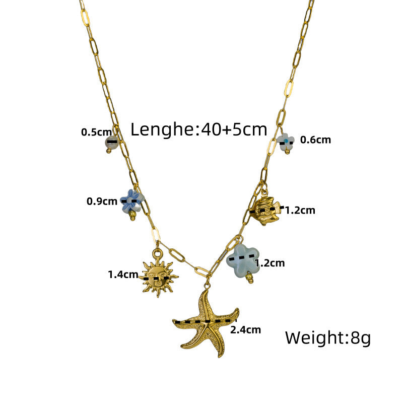 Collana con ciondolo in ceramica geometrica a stella in acciaio inossidabile casual, placcata, con conchiglia da spiaggia, stella marina, catena estiva per clavicola da donna