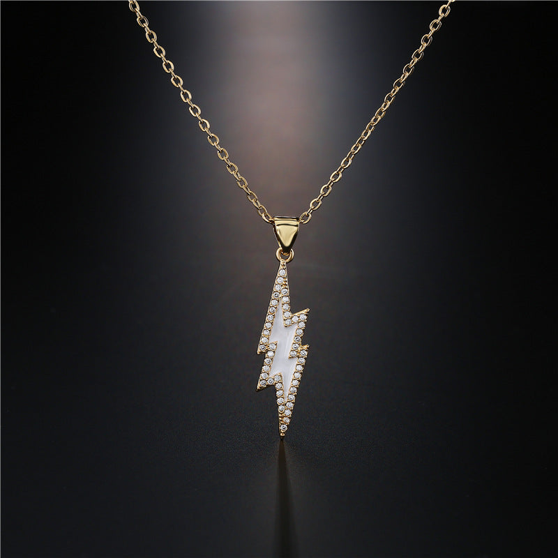 18K Gold Plated Brass Geometric Lightning Bolt Pendant Necklace with Cubic Zirconia and Drip Oil Detail on Cable Chain