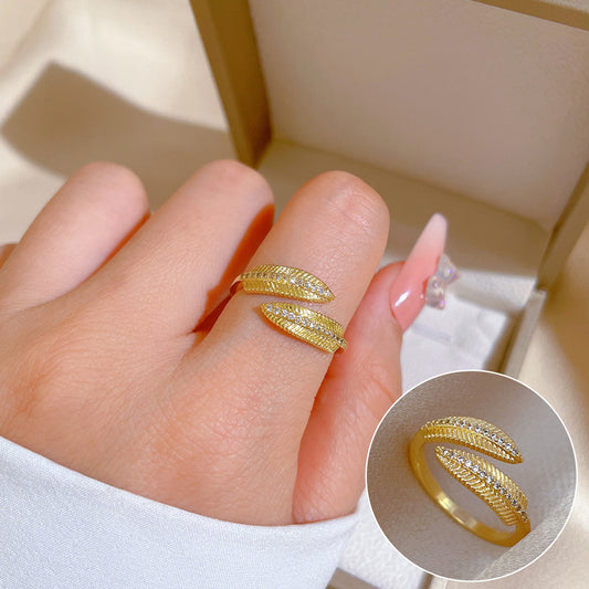 Minimalist Gold-Plated Brass Open Leaf Ring for Women with Crown Design Lightweight Luxury Finger Ring