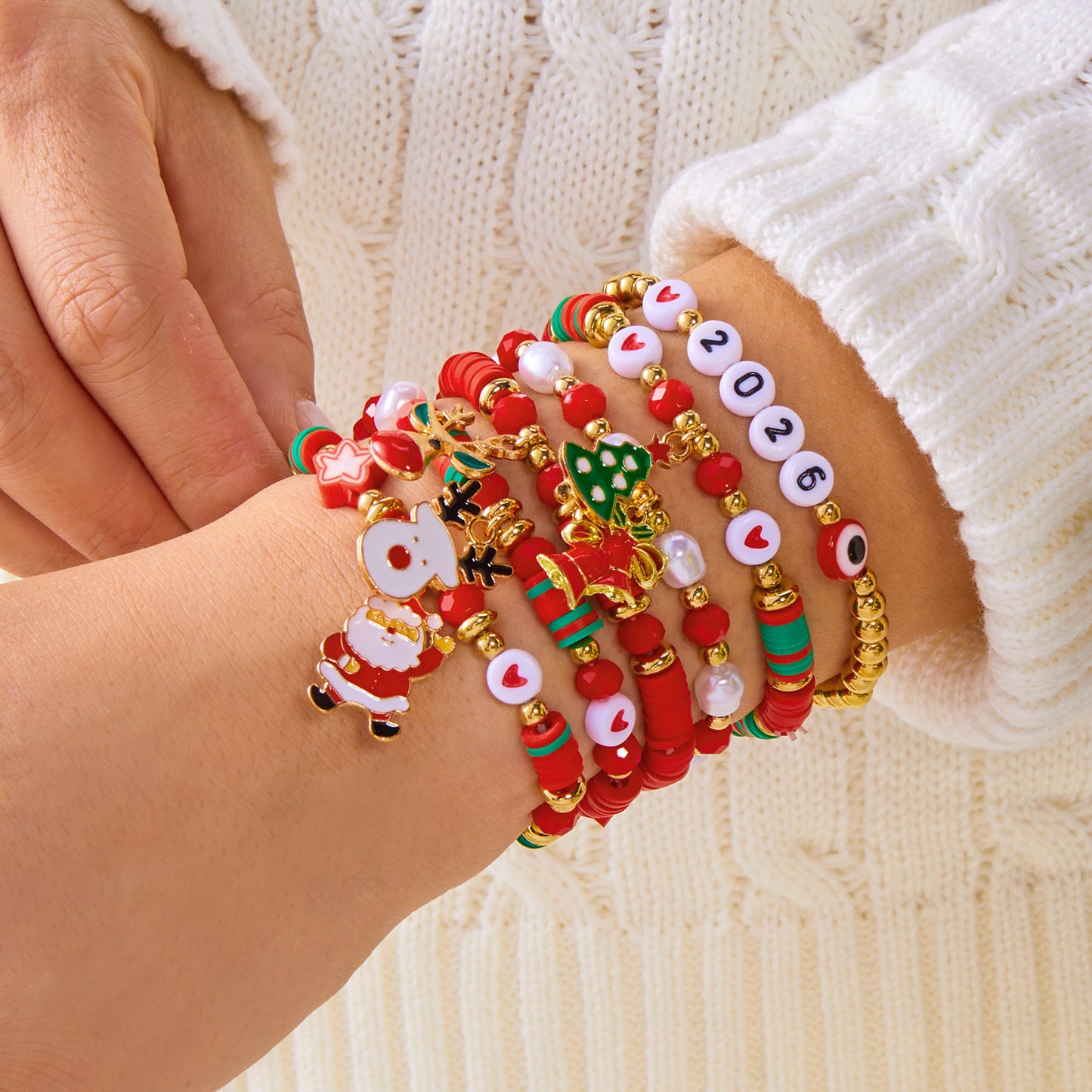 Sweet Christmas-Themed Bracelet Set with Snowman Reindeer Bell and Tree Charms Crystal Handmade Fashion Bracelets for Women