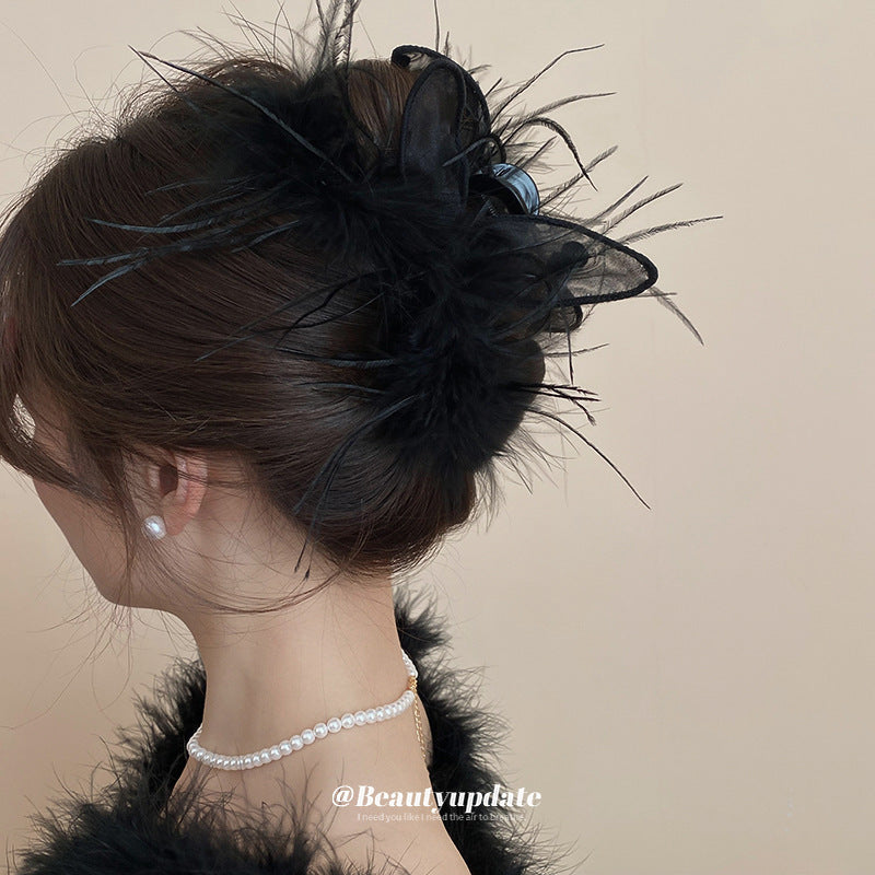 Horquilla de doble cara con orejas de conejo y plumas para mujer, con red de tul, accesorio para el cabello grande de moda de otoño e invierno para recogidos y peinados
