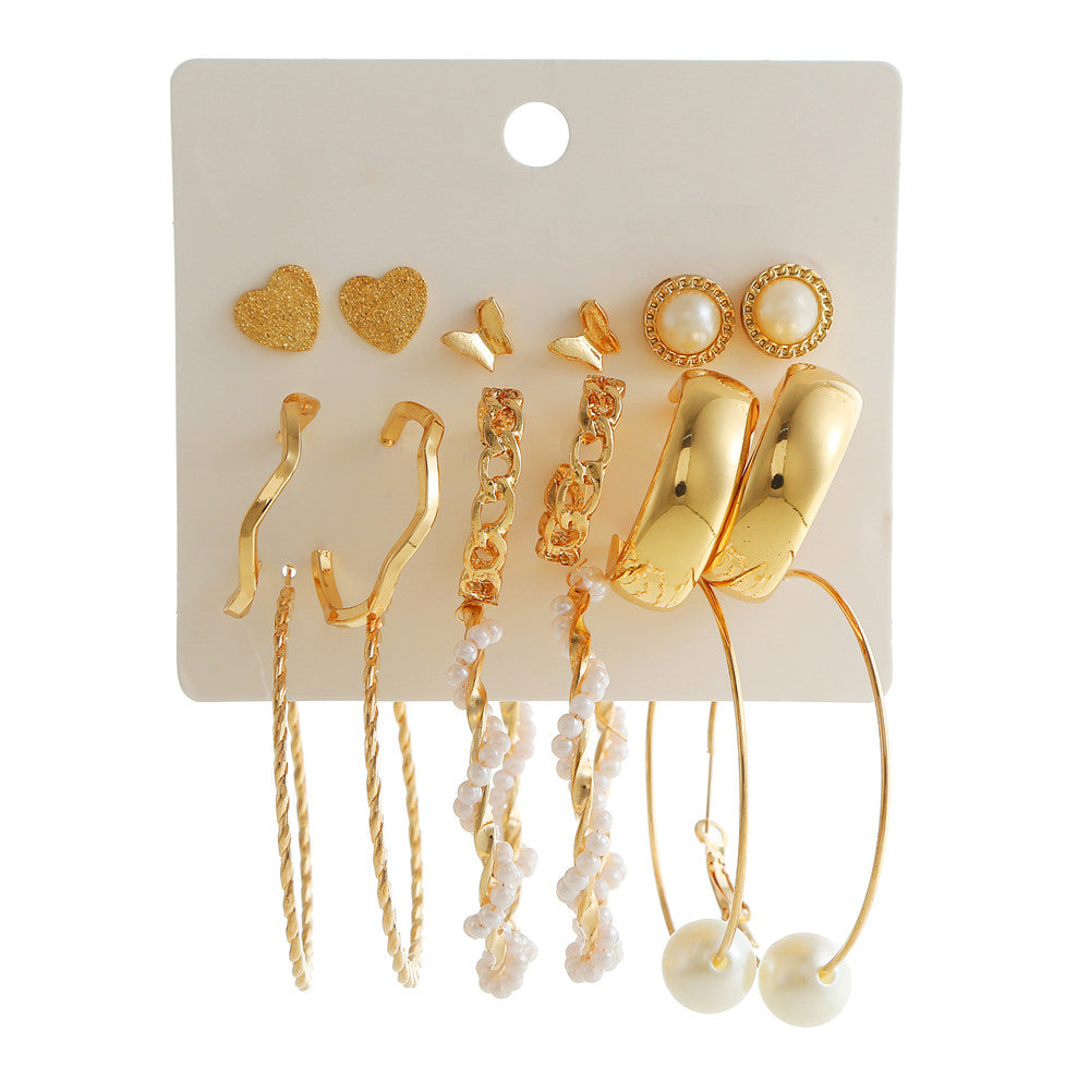 Elegant Geometric Heart Butterfly Pearl Hoop Earrings Set Alloy Plated Stainless Steel Post for Women