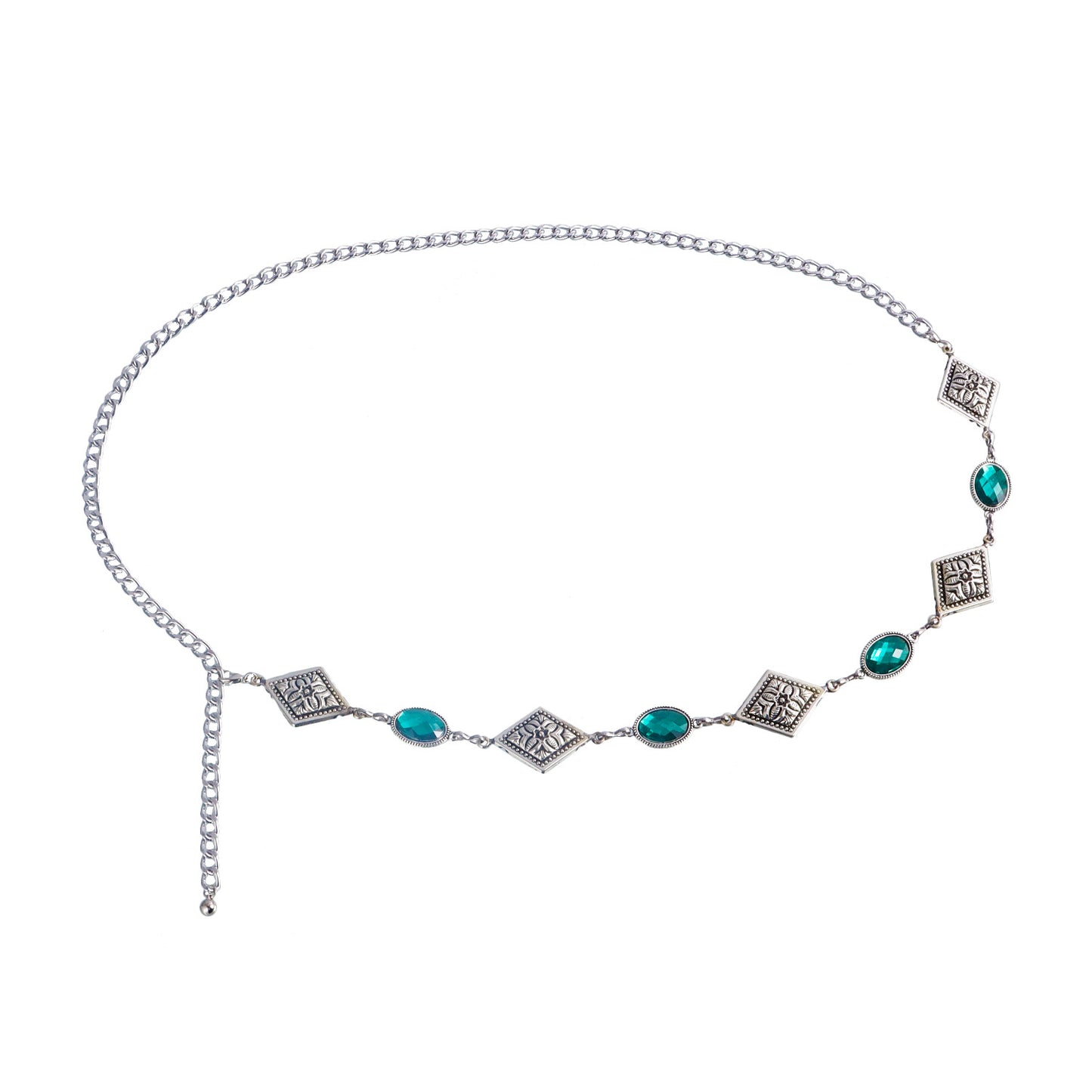 Casual Punk-Style Geometric Rhombus Pattern Acrylic Green Agate Simulated Diamond Waist Chain for Women with Aluminum Metal Chain