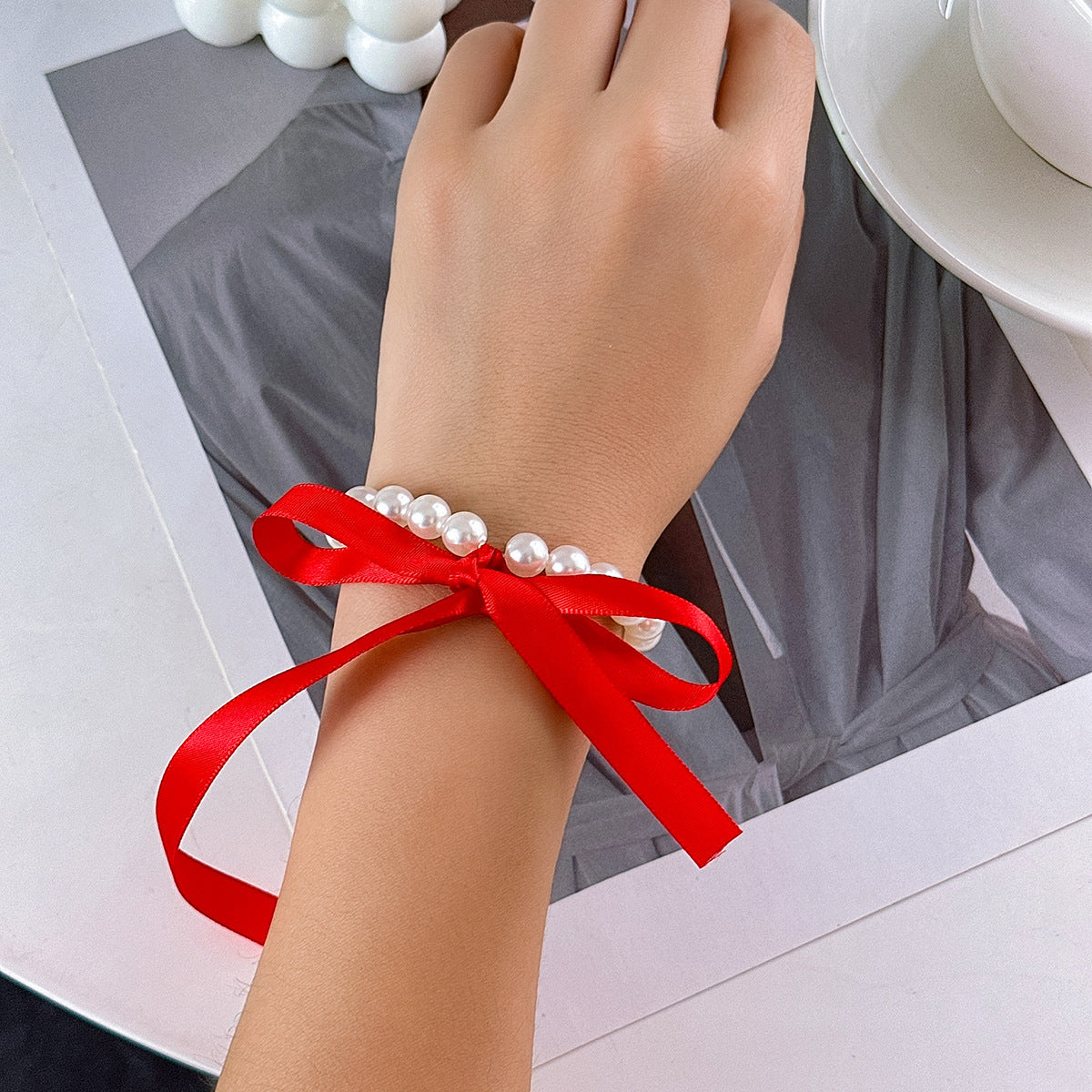 Vintage Imitation Pearl Bow Geometric Ball Chain Necklace for Women DIY Charm Bar