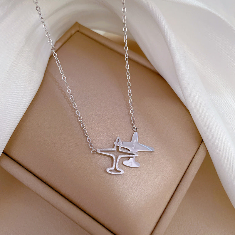 Minimalist Titanium Steel Geometric Airplane Pendant Necklace for Women and Men, Gold-Plated Clavicle Chain with Modern Office Style