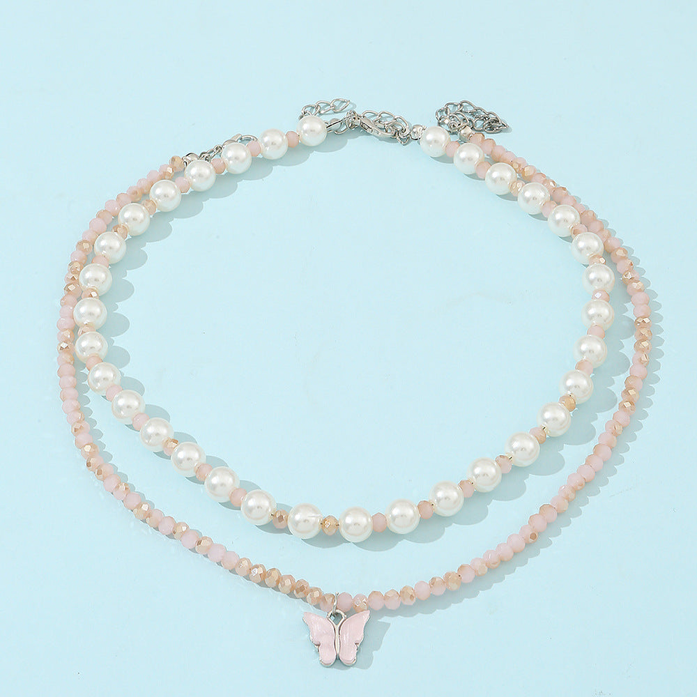 Conjunto de collar con colgante de mariposa minimalista para niñas con cuentas de cristal en cadena de bolas, joyería infantil estilo princesa dulce y linda