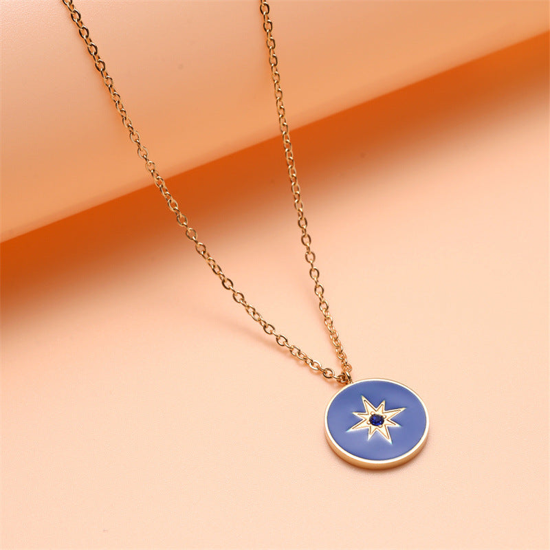 Minimalist Geometric Stainless Steel Sky Blue Eight-Pointed Star Rhinestone Pendant Necklace with Enamel Finish