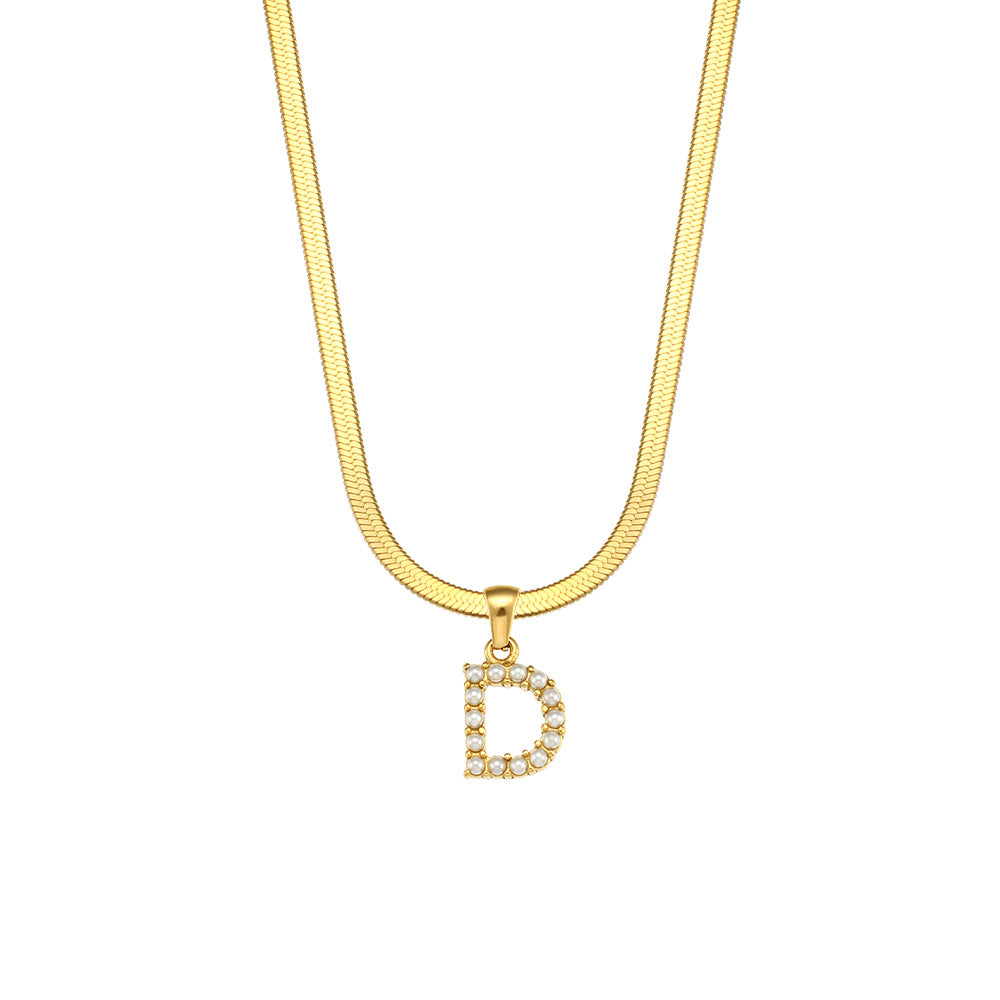 Fashionable Letter Pendant Necklace for Women Stainless Steel Plated 18K Gold Flat Snake Chain with Pearl Accent