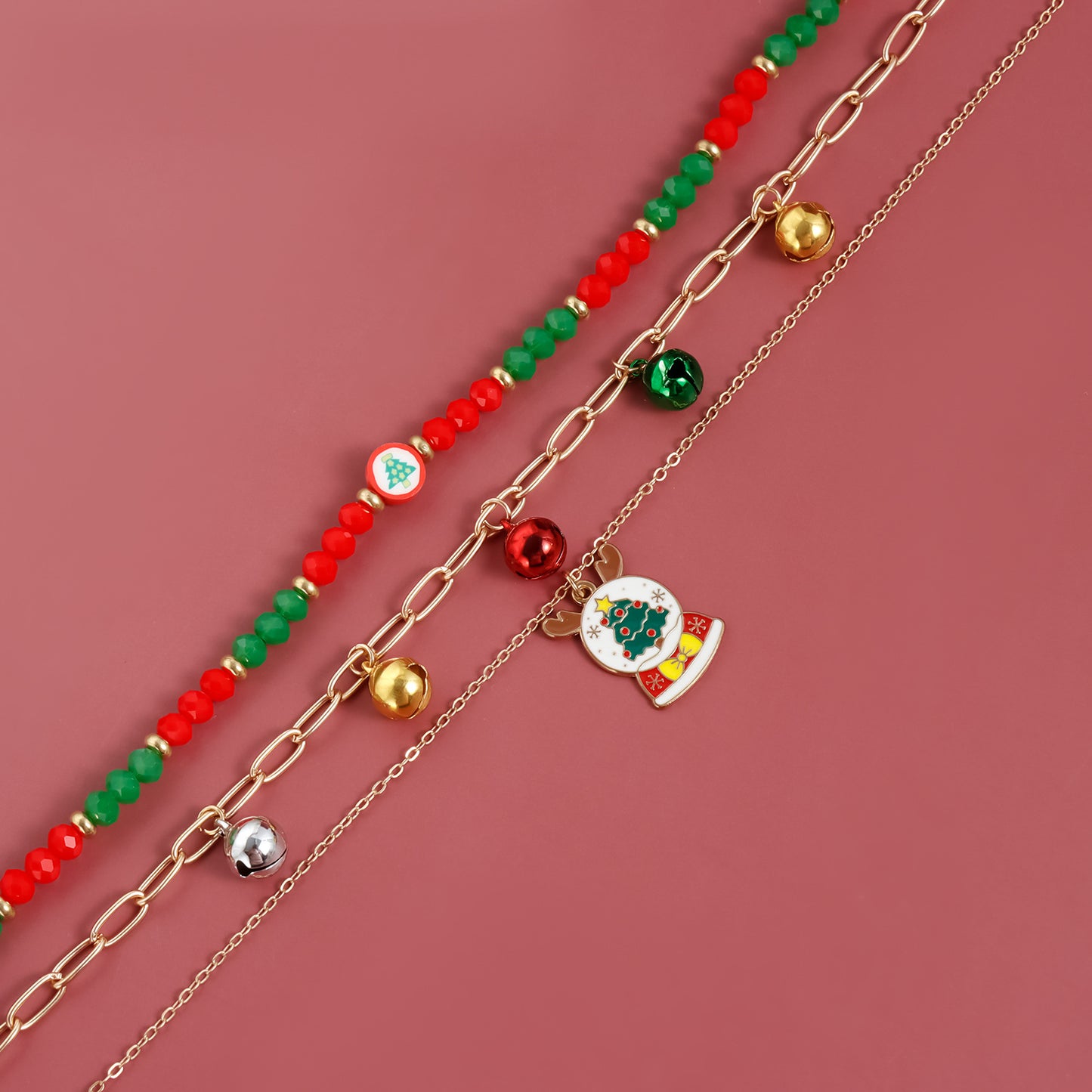 Festive Christmas Tree Pendant Necklace with Jingle Bells Charm Alloy Choker for Women