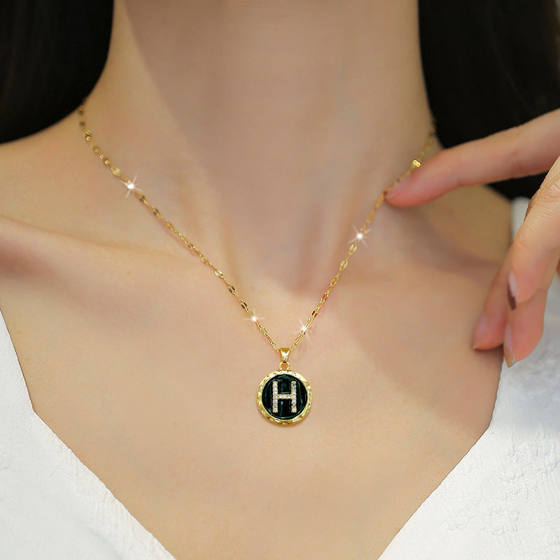 Minimalist Geometric Titanium Steel Plated Necklace and Earrings Set with Enamel Letter Design for Women