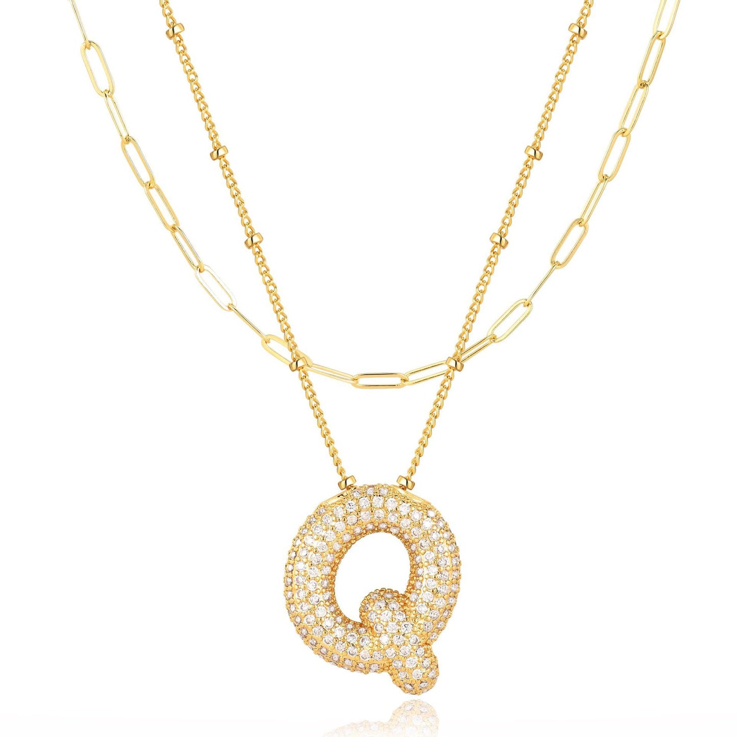 18K Gold Plated Brass Double Layer Letter Necklace Micro Pave Cubic Zirconia Serpentine Chain Women's Jewelry