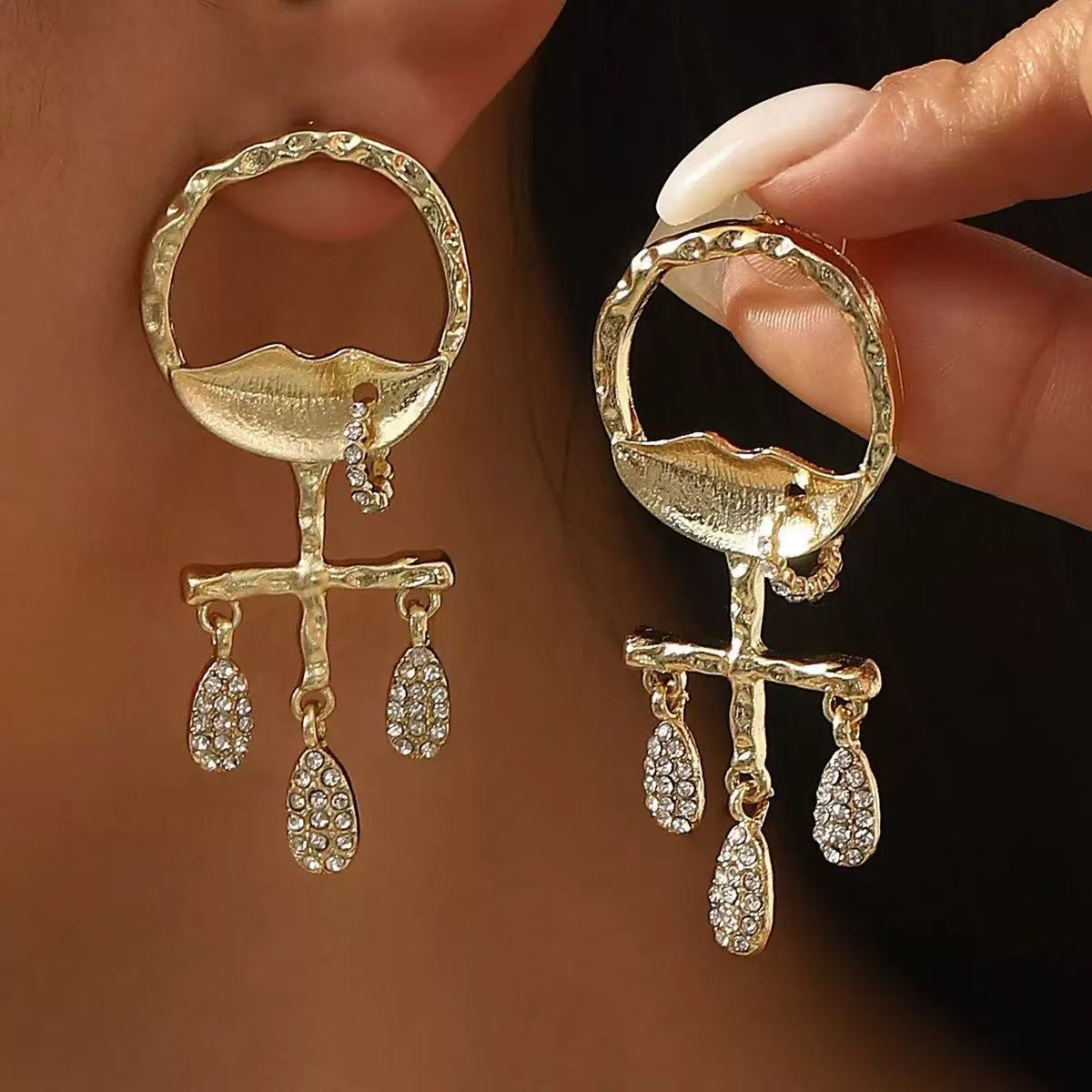 Orecchini pendenti da donna con strass a forma di Occhio di Allah esagerato, stile vintage