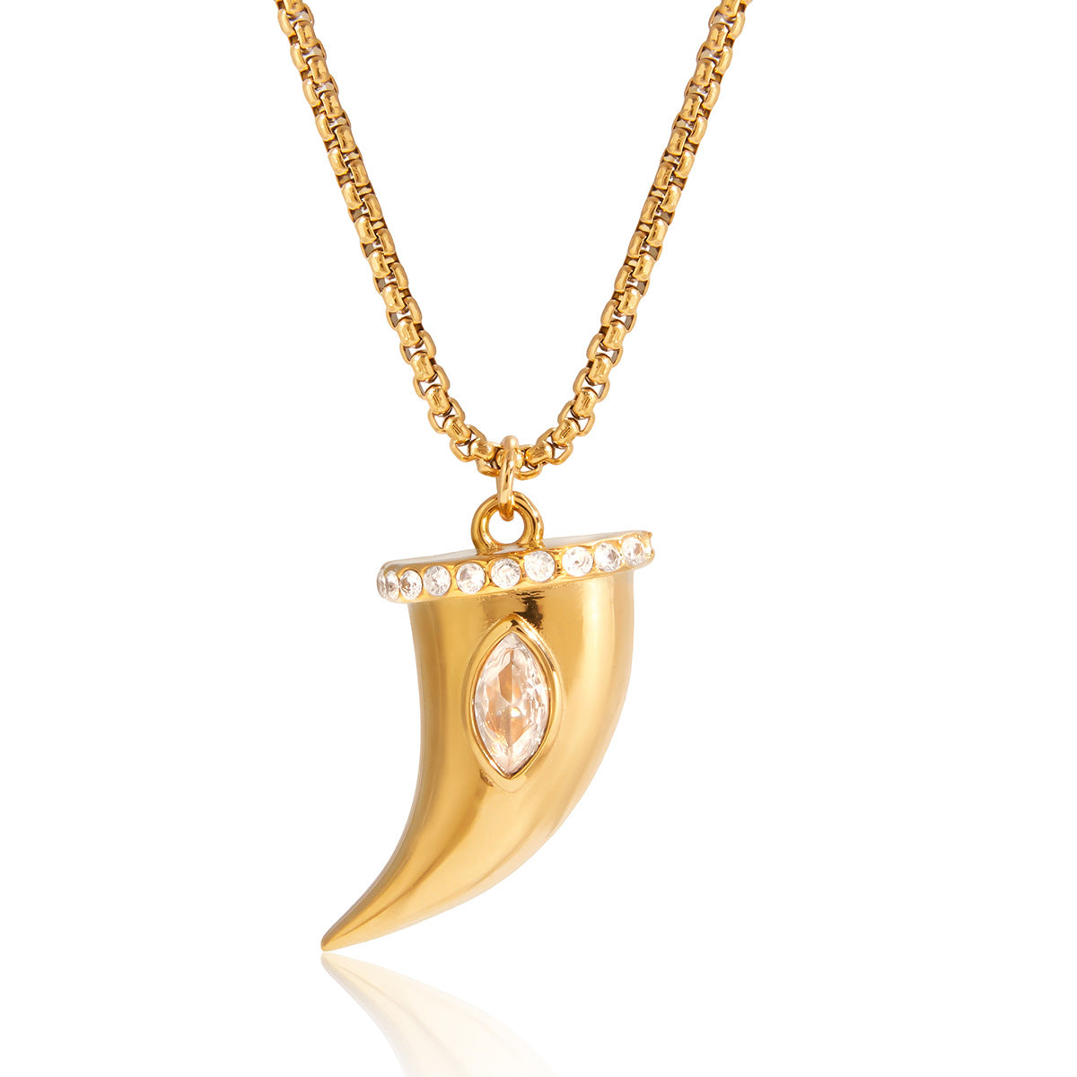 Collana con Pendente Minimalista in Acciaio al Titanio a Forma di Corno con Intarsio in Zirconi e Placcatura in Oro PVD da Donna