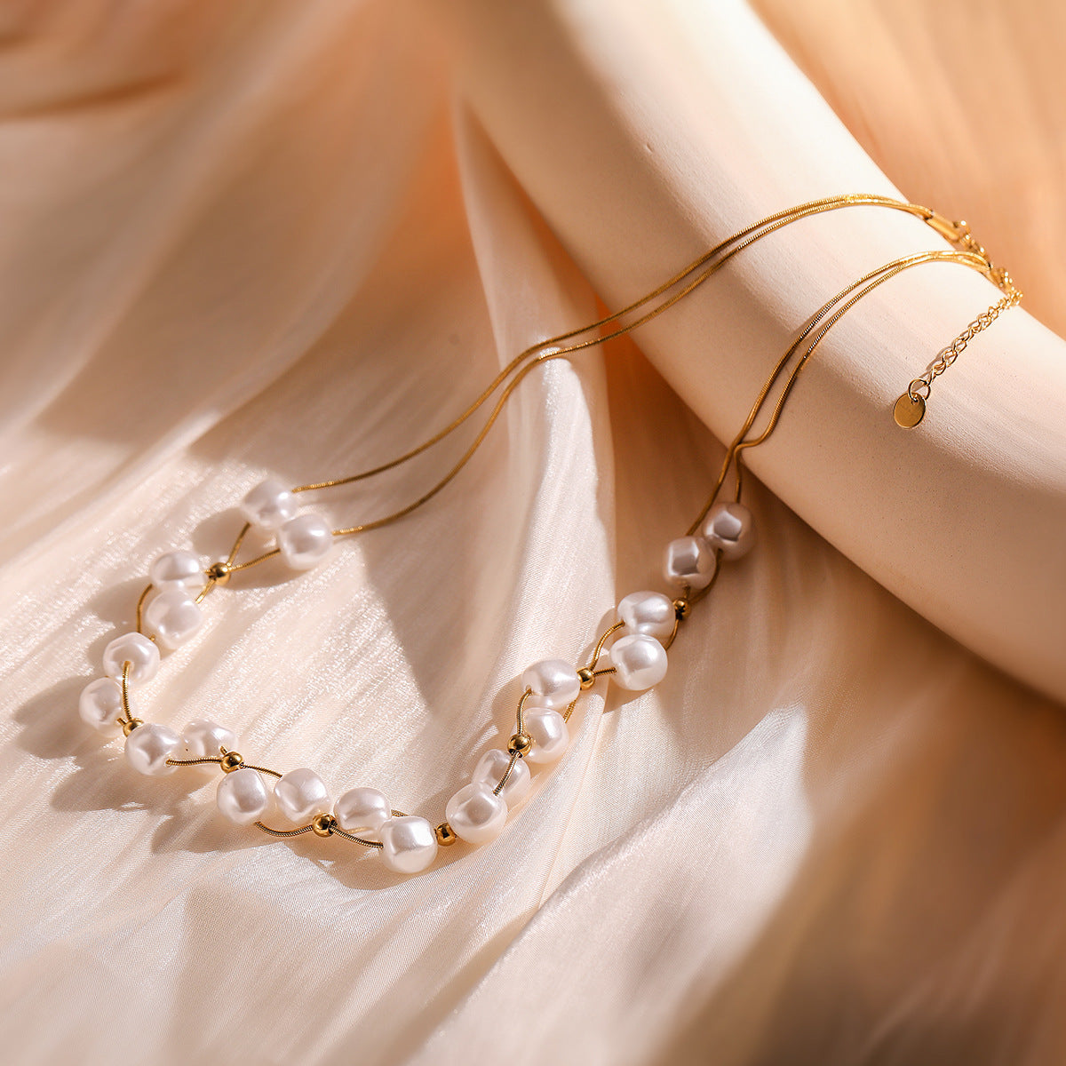 Elegant 18K Gold Plated Stainless Steel Geometric Double Layer Pearl Necklace for Women