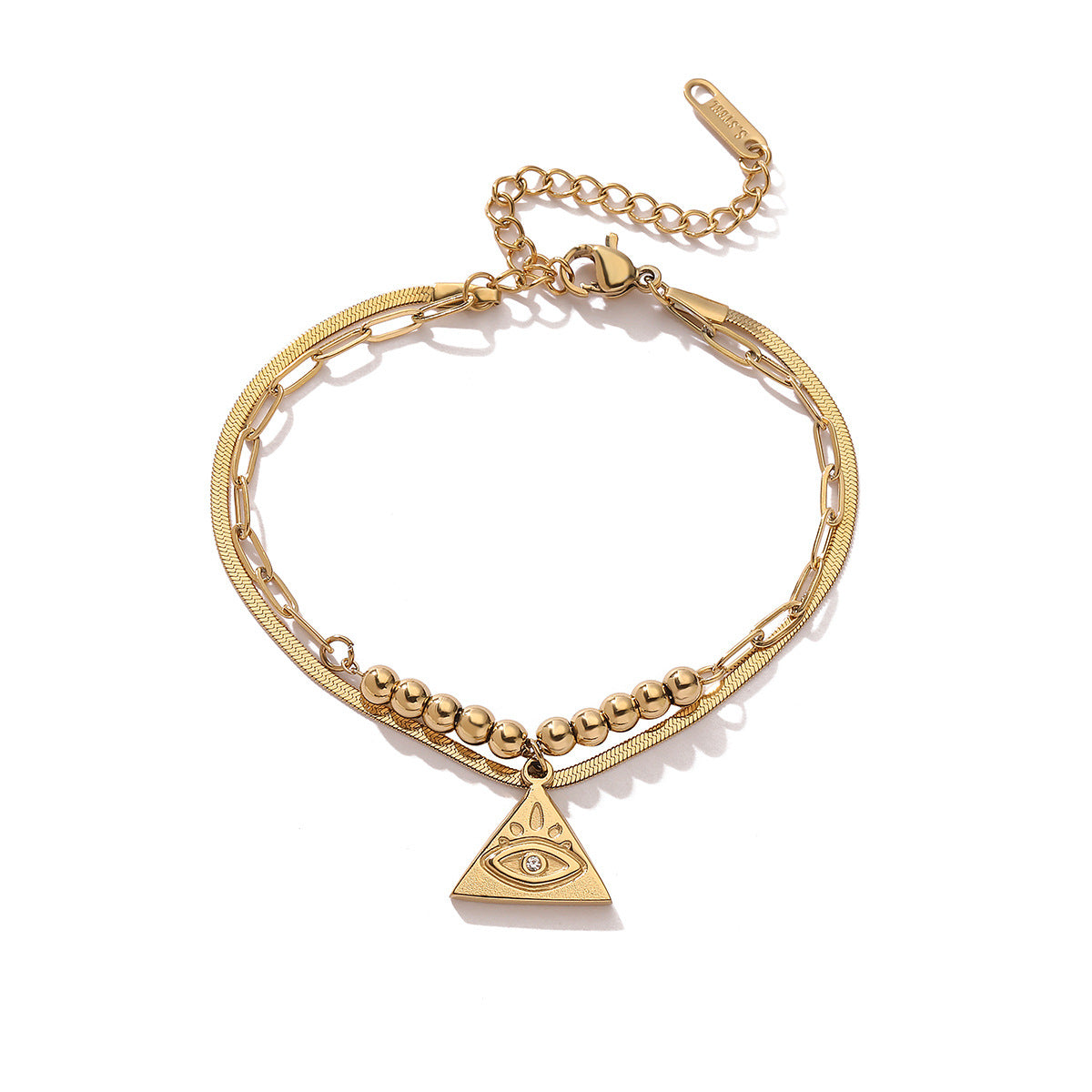 Vintage Evil Eye Pendant Bracelet for Women with Geometric Shape Stainless Steel Double Layer Stackable Bracelet with Plating Finish