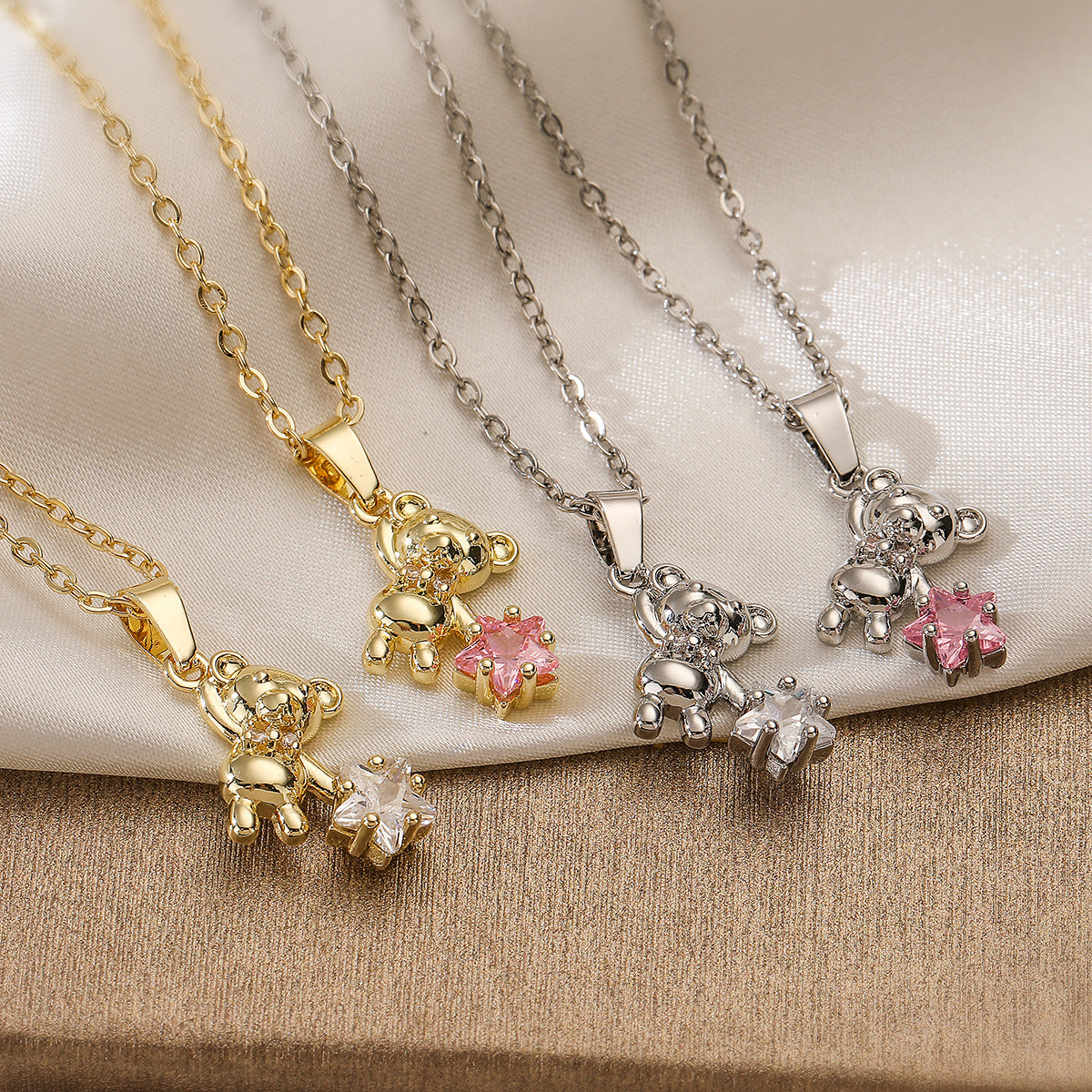 Minimalist Bear-Shaped Copper Pendant Necklace with Real Gold Plating and Zircon Accents for Women