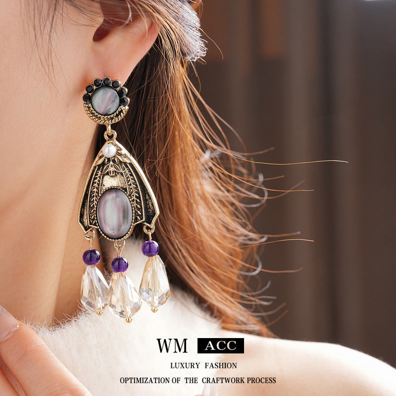Vintage Floral Tassel Earrings with Rhinestones in Silver Plated Setting for Women