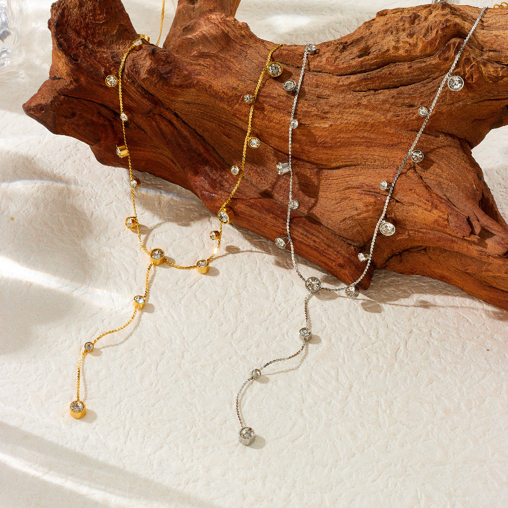 Minimalist Elegant Stainless Steel Plated Heart Round Rhinestone Y-Shape Long Tassel Necklace for Women