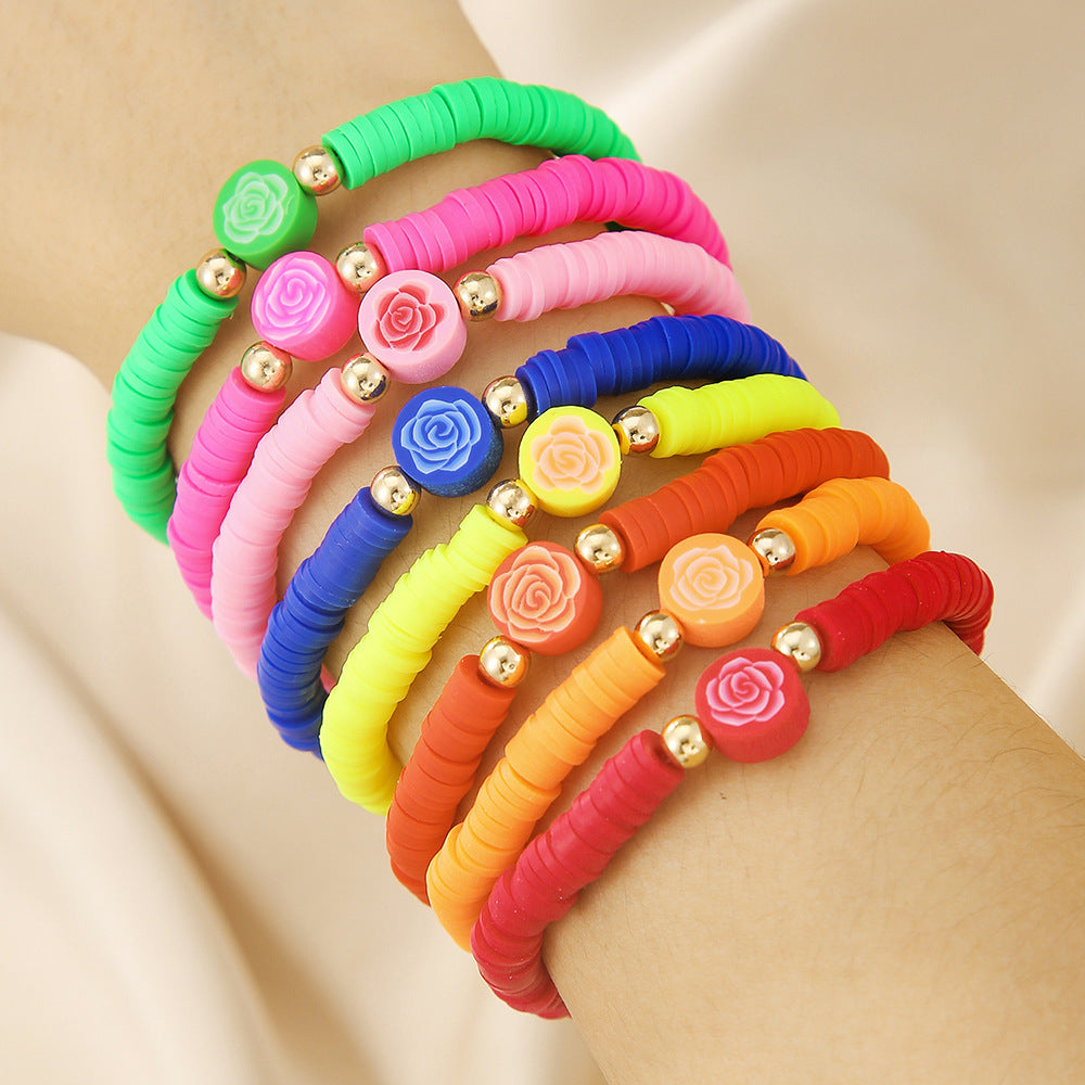 Bohemian Style Floral Polymer Clay Bracelet Set with Elastic Band, Geometric and Vintage-Inspired Handmade Jewelry for Women and Men