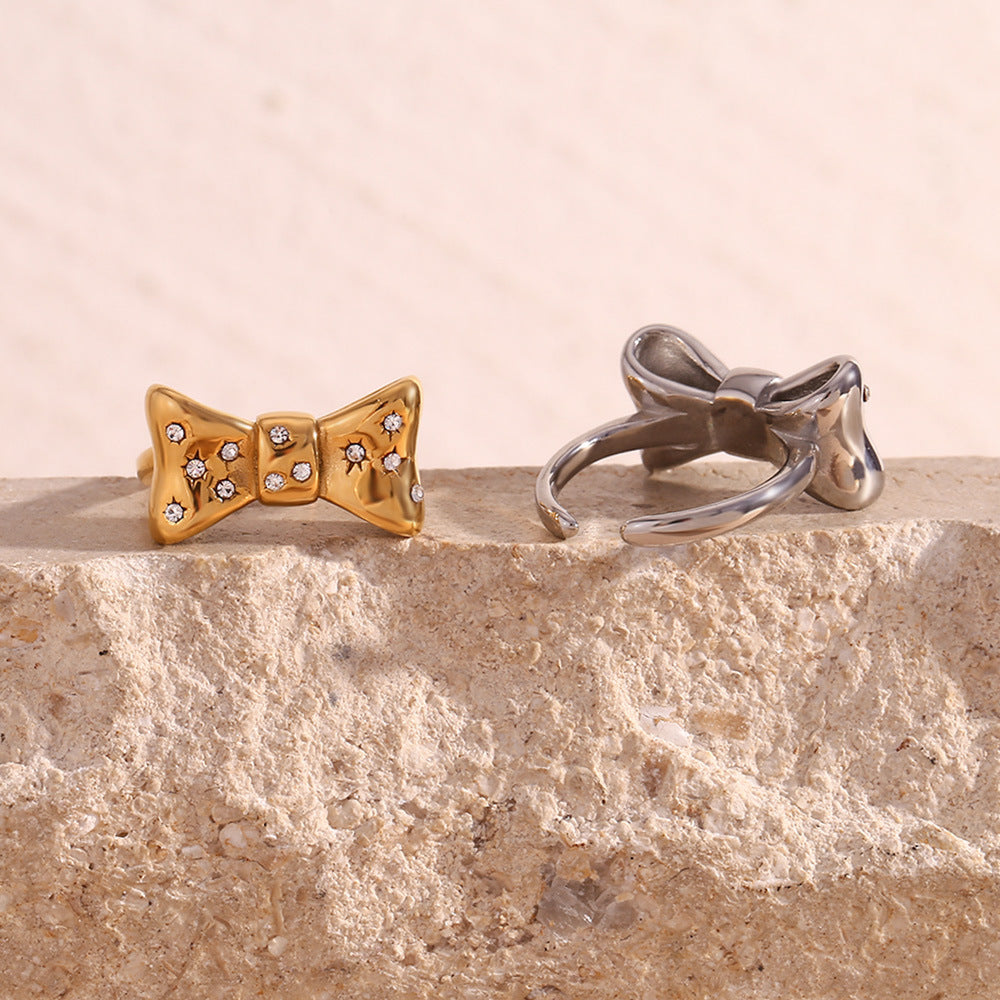 Minimalist Bow-Shaped Stainless Steel Ring with 18K Gold Plating for Women