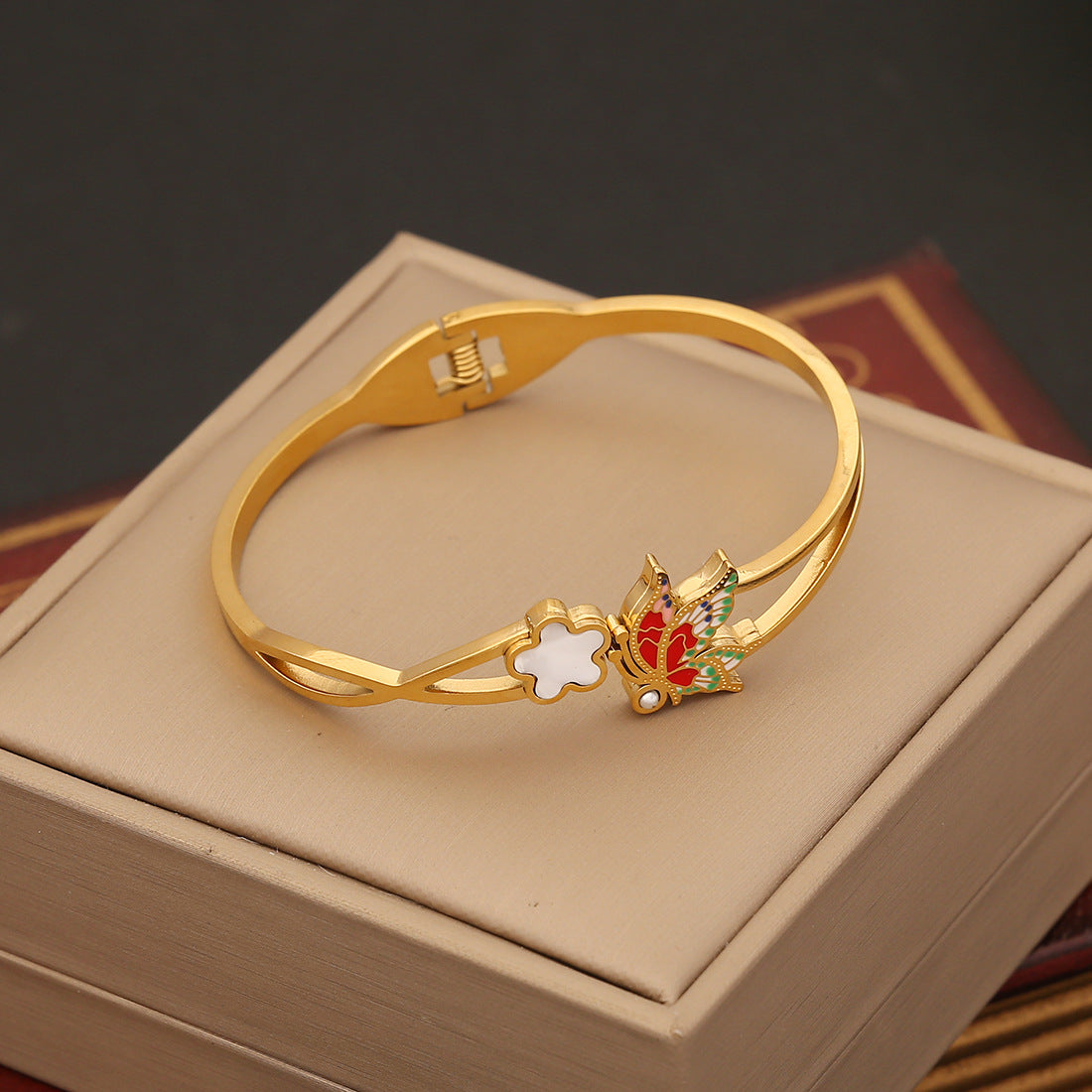 Vintage Floral Stainless Steel Bracelet with Enamel Finish and Butterfly Design for Women