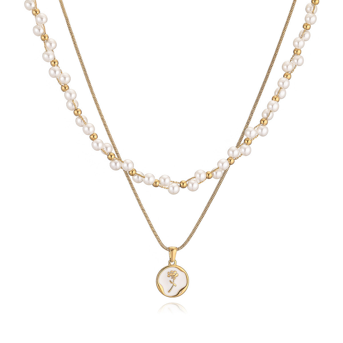 Vintage Fashion Geometric Stainless Steel Pearl Necklace for Women Layered Collar Chain