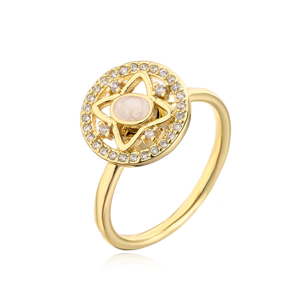 Anello Aperto Geometrico alla Moda da Donna con Base in Rame Placcata Oro 18K e Pietra in Zirconia Micro-Incastonata