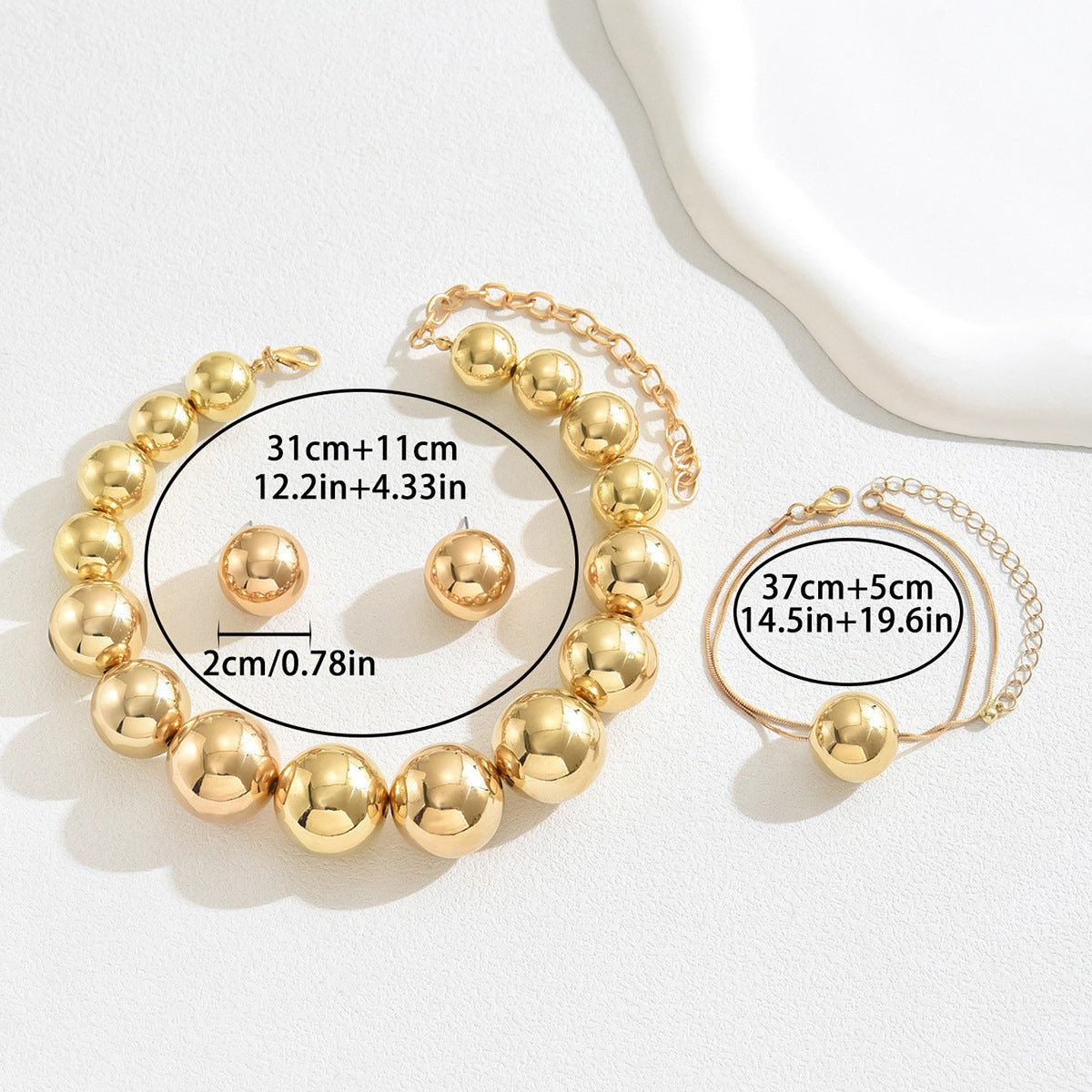 Set di gioielli da donna con collana, orecchini e bracciale geometrici minimalisti in lega con sfera rotonda, placcati in modo galvanico