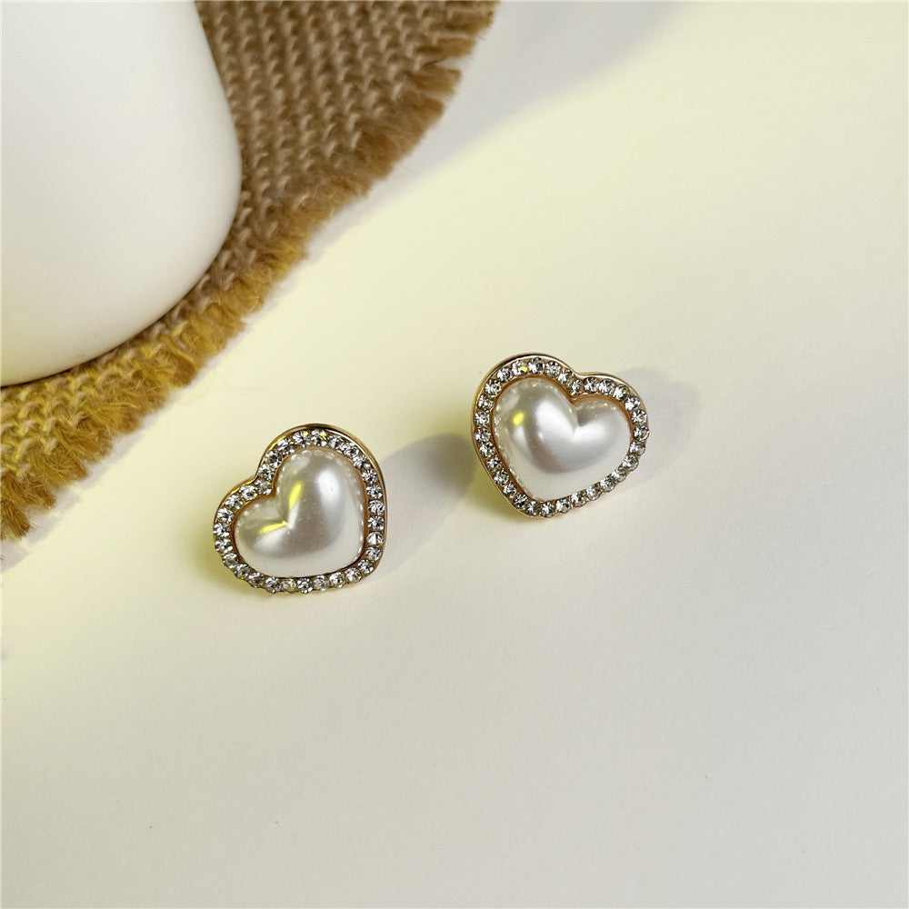 Vintage Sweet Heart Rhinestone Pearl Plated Alloy Earrings