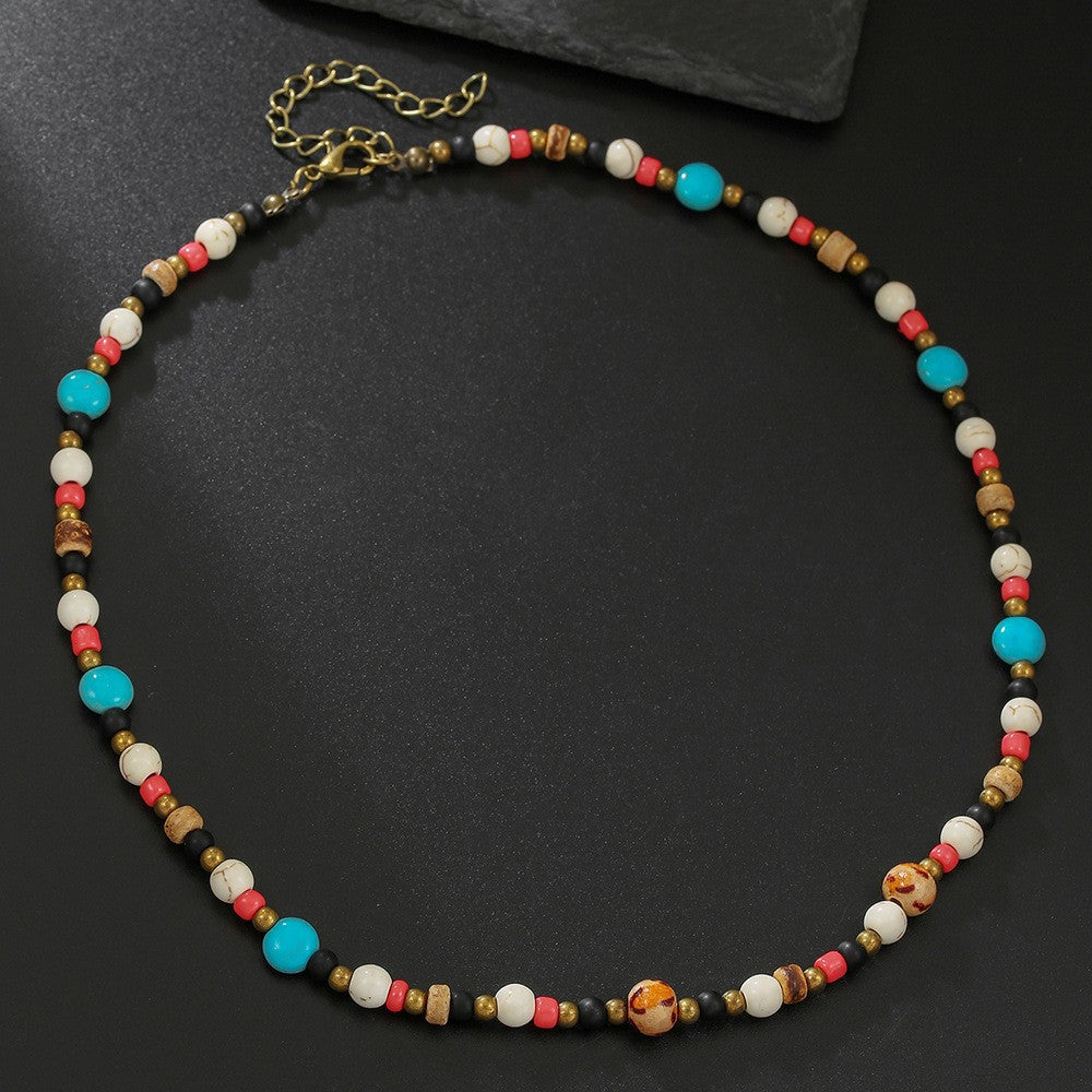 Bohemian Geometric Wood Beaded Necklace with Turquoise Inlay Cable Chain Unisex