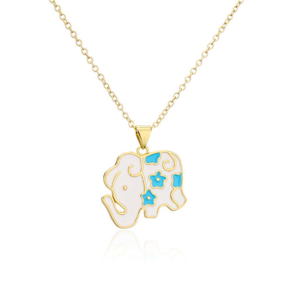 Cute Elephant Drip Oil Geometric Brass 18K Gold Plated Necklace with Cubic Zirconia Cable Chain