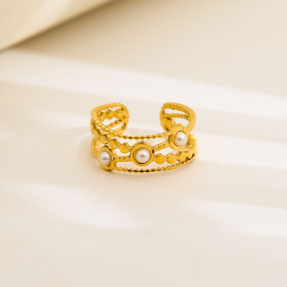 Anello geometrico rotondo in acciaio al titanio con smalto bianco e nero, regolabile, in stile vintage
