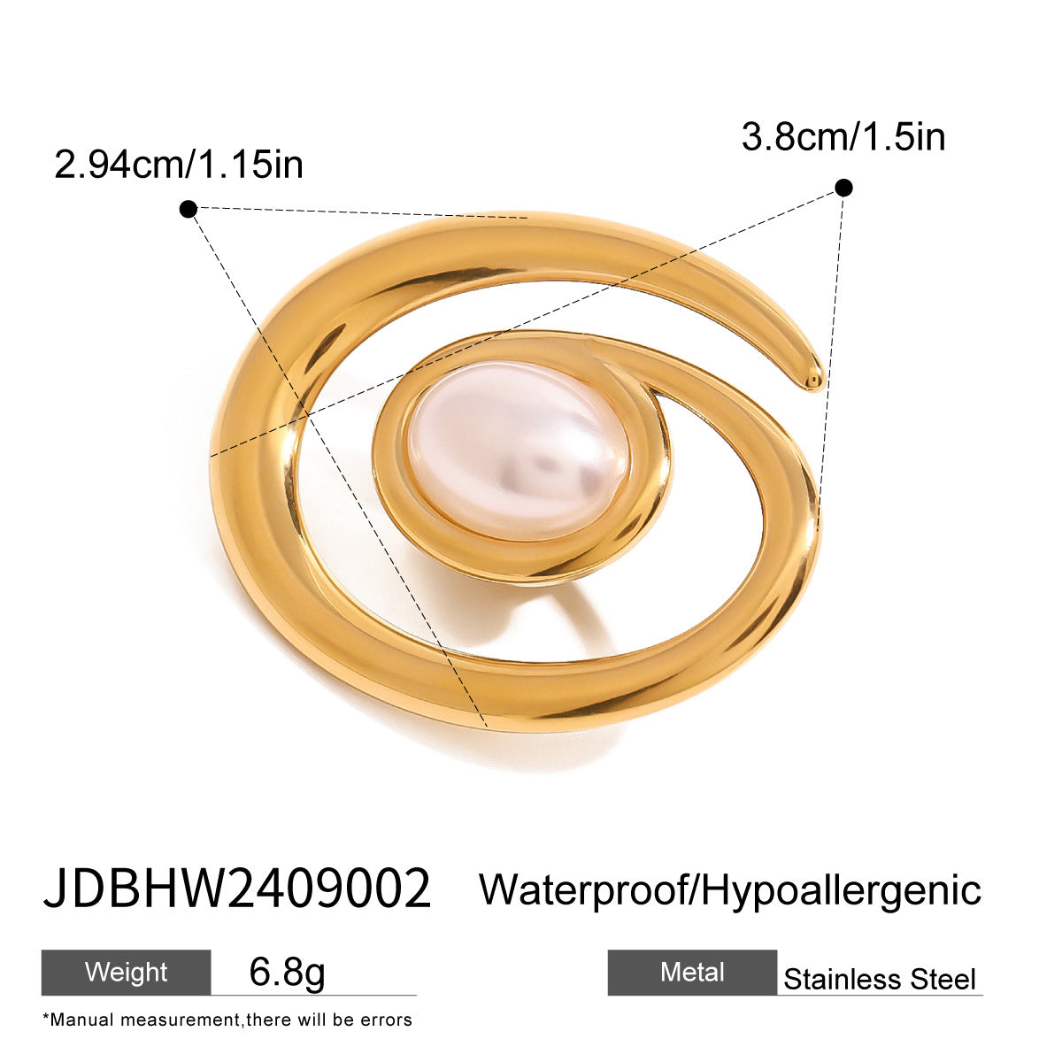 Spilla Elegante Minimalista a Spirale con Perla, Placcata Oro 18K, Accessorio Moda da Donna in Acciaio Inossidabile