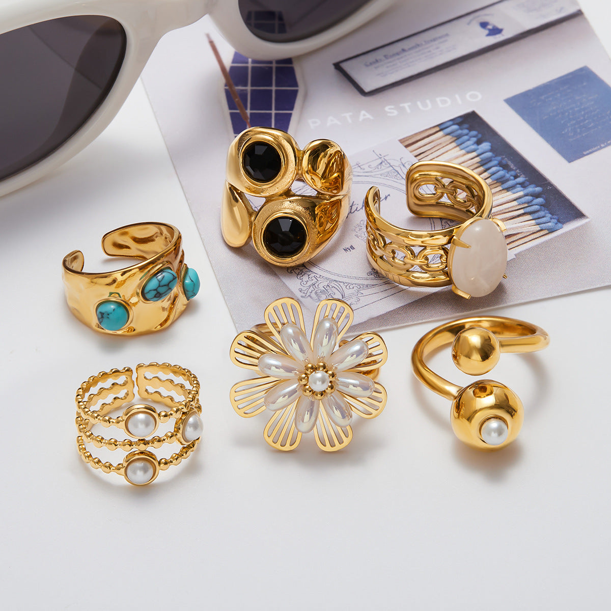 Anillo Geométrico de Acero Inoxidable con Incrustaciones de Piedra Natural Chapado para Mujer Joyería Moderna y Elegante