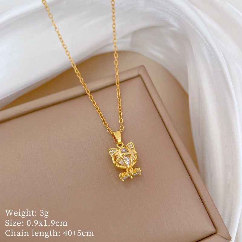 Sweet Elegant Geometric Rhinestone Plated Titanium Steel Necklace and Earring Set for Women