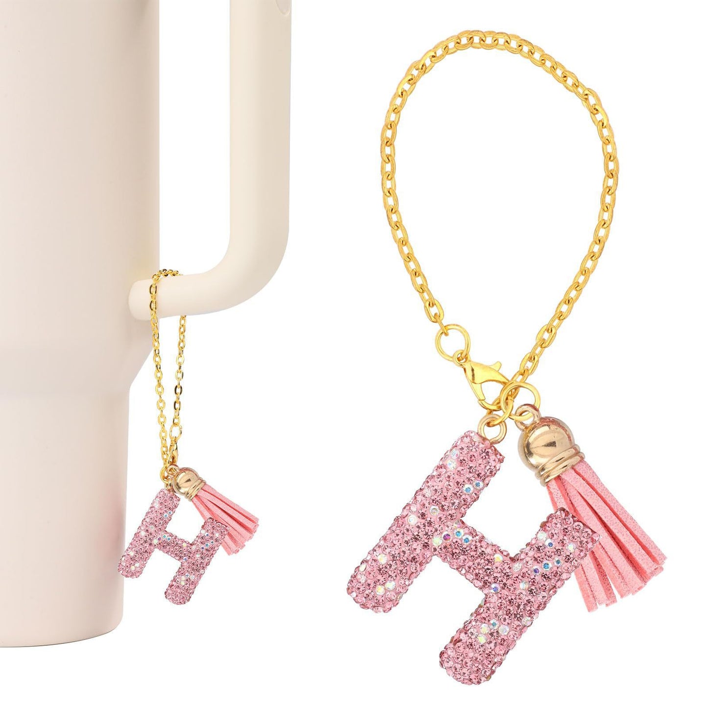 Minimalist Geometric Letter Ceramic Pendant with Gold Adjustable Chain Pink Tassel and Glitter Sequins