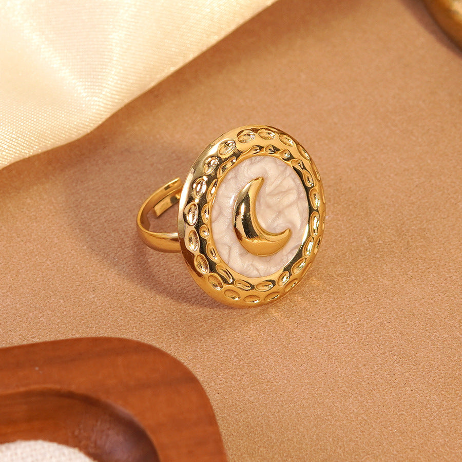 Elegant Geometric Moon Drip Oil Stainless Steel Ring for Women