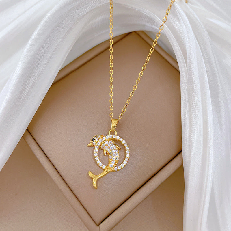 Sweet Minimalist Geometric Cartoon Dolphin Full Rhinestone Brass Pendant Titanium Steel Necklace for Unisex