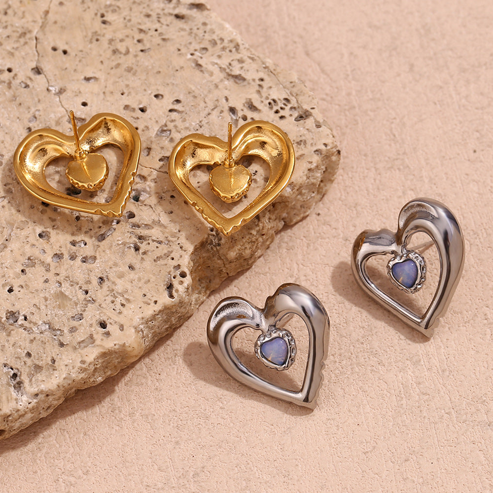 Sweet Hollow-Out Double-Layer Heart-Shaped Stainless Steel Earrings with 18K Gold Plating and Natural Stone Accents