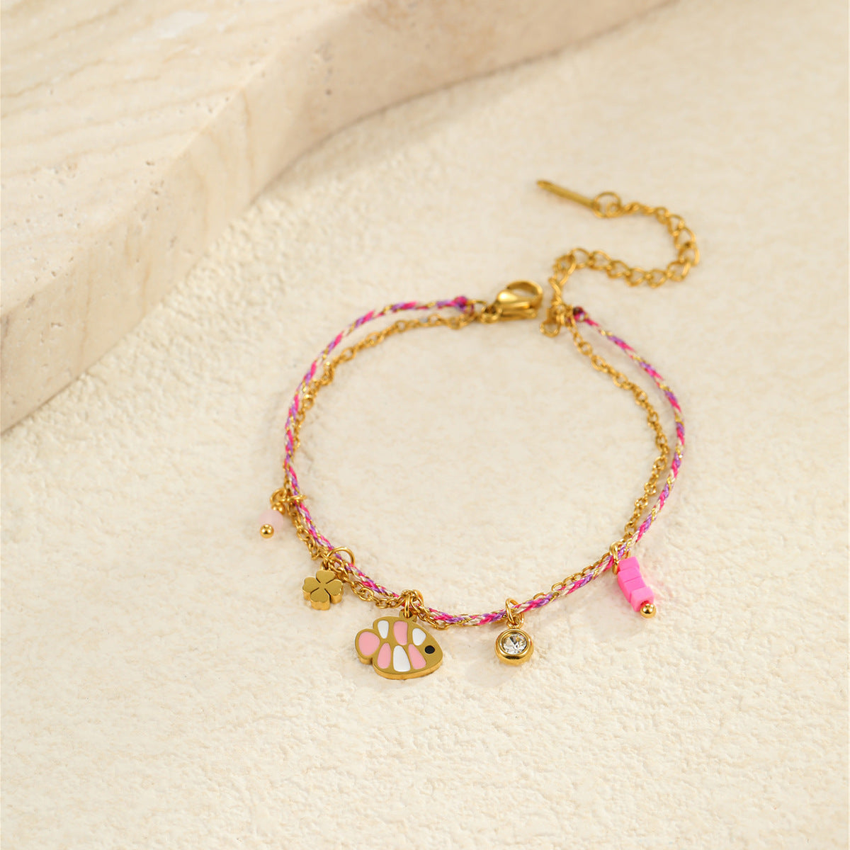 Fashionable Ocean-Inspired Braided Stainless Steel Bracelet with 18K Gold Plating and Zirconia Fish Pendant for Women