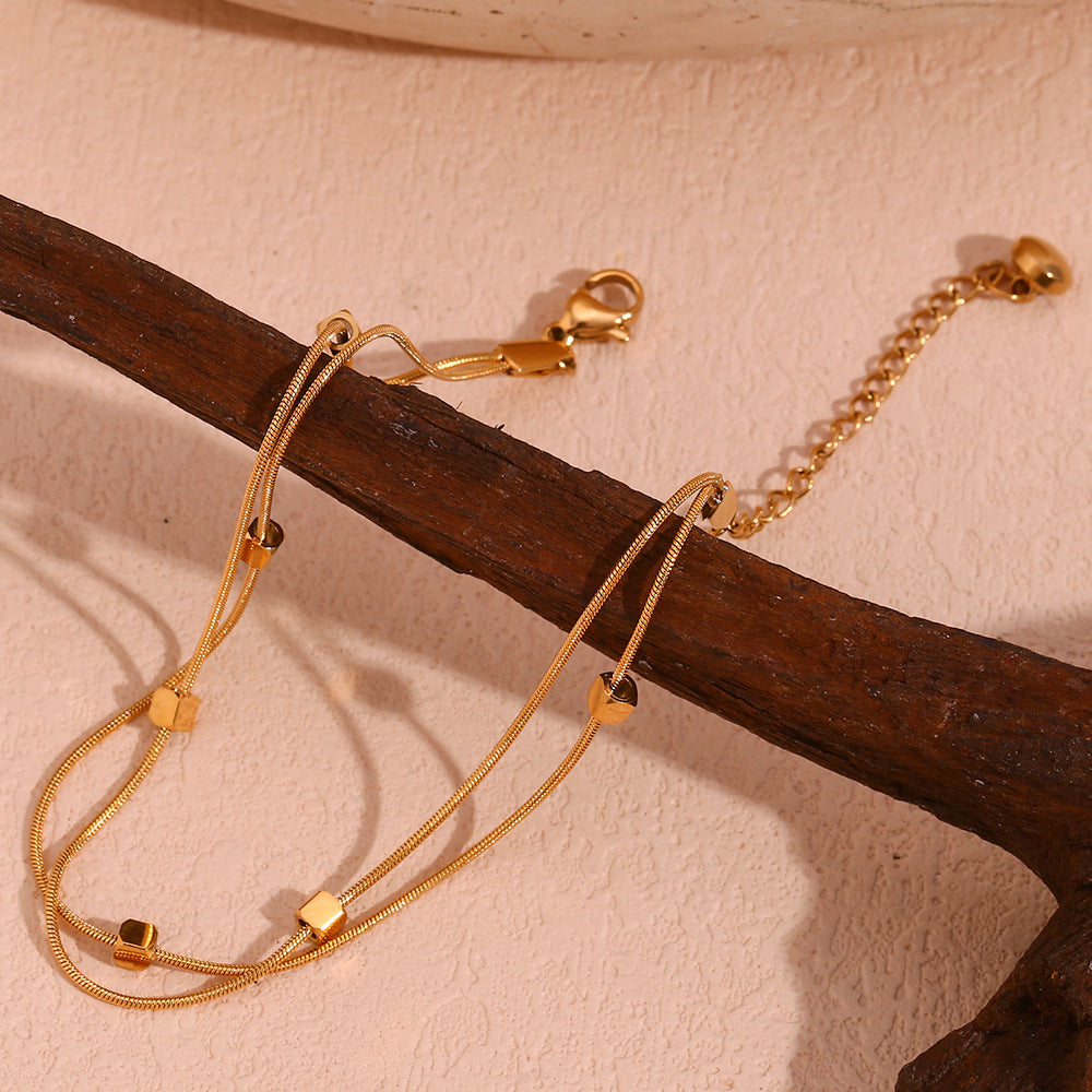 Minimalist Geometric Stainless Steel Anklet with 18K Gold Plated Cubic Beads and Double Snake Chain for Women
