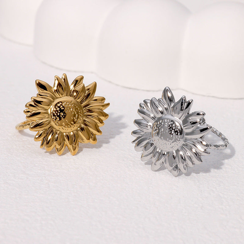 Minimalist Sunflower Floral Adjustable Stainless Steel Ring with Gold Plating for Women