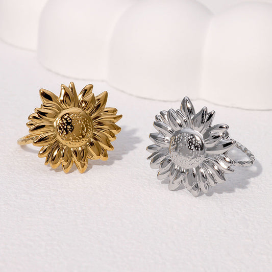 Anillo ajustable de acero inoxidable con diseño floral minimalista de girasol y baño de oro para mujer
