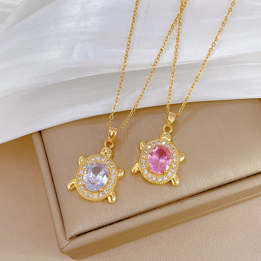 Collar con colgante de tortuga minimalista para mujer y hombre, cadena de serpiente de acero inoxidable con incrustaciones de diamantes de imitación y diseño geométrico