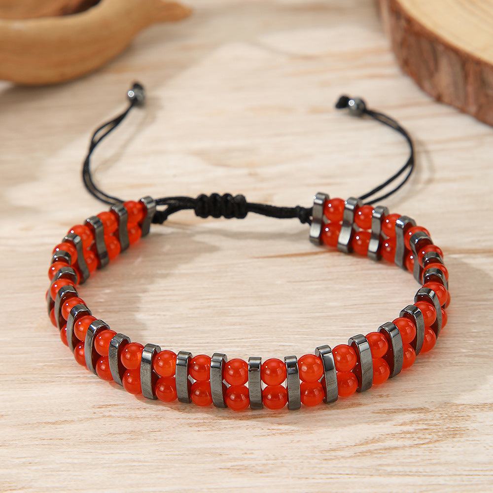 Geometric Handmade Beaded Tiger Eye and Hematite Bracelet with Woven Cord